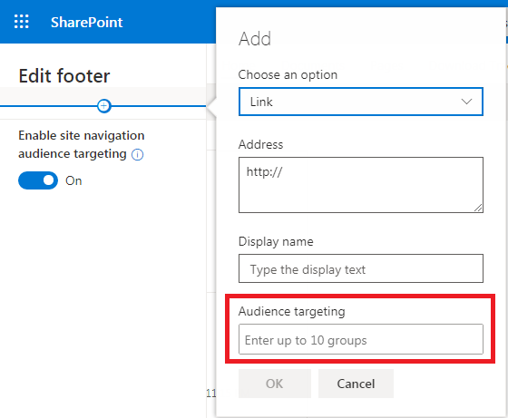 How to set up Audience Targeting in Footer links in Modern Communicati